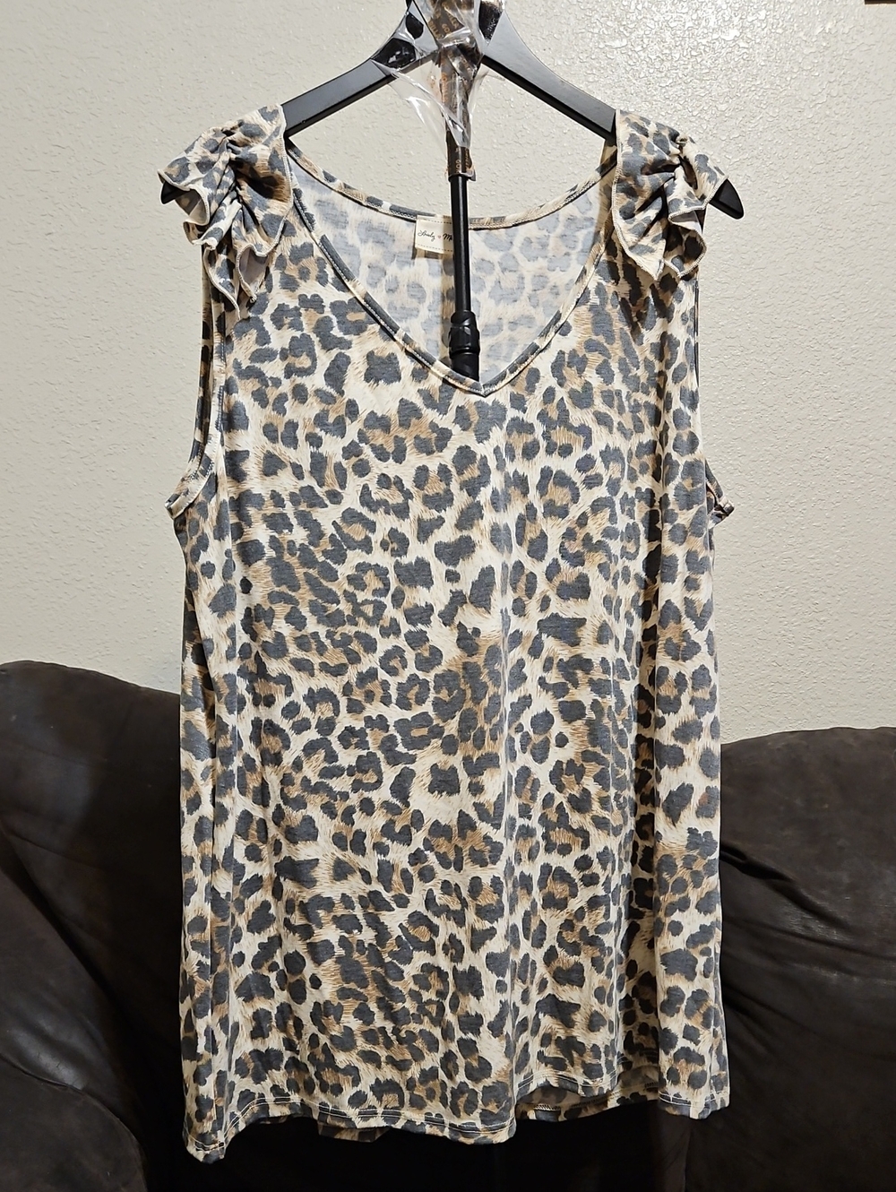 Lovely Melody Beige and Charcoal Leopard Tie-Shoulder V-Neck Tank